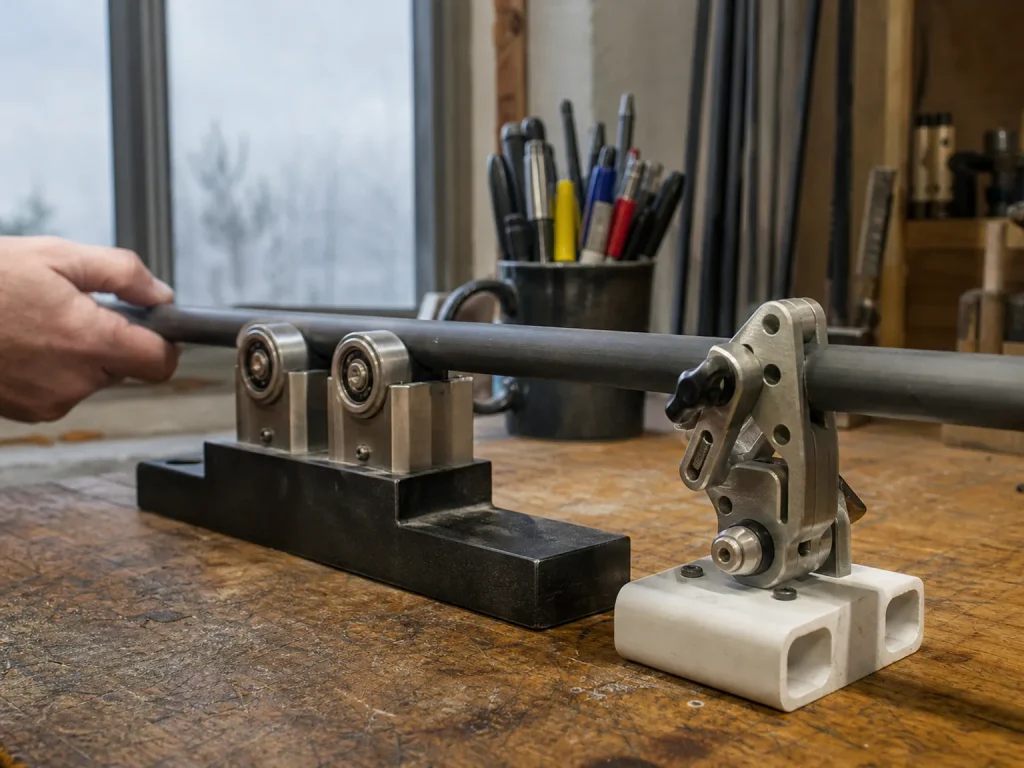CRB spine finder tool on a workbench cradling a rod blank in its ball-bearing rollers