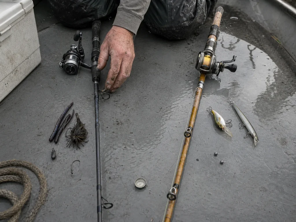 Two fishing rods laid across a boat deck beside crankbaits and jigs while an angler decides which to use