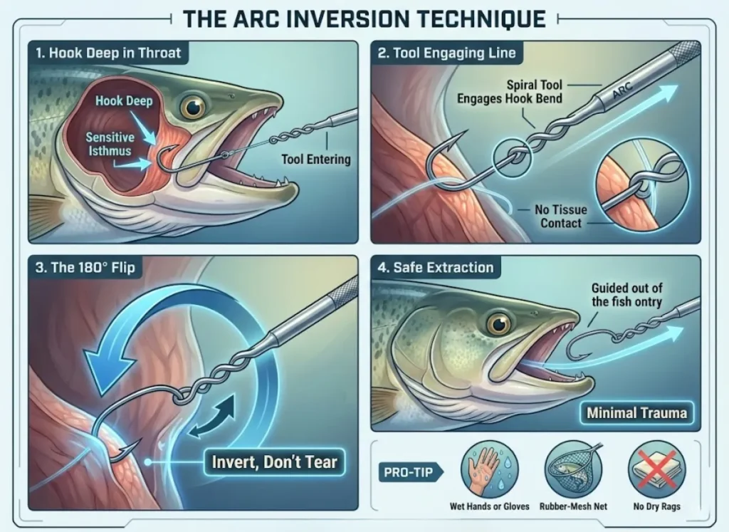 A four-panel storyboard illustration titled 'THE ARC INVERSION TECHNIQUE' showing the steps for safe fish hook removal. Panel 1: 'Hook Deep in Throat' with a tool entering a fish's mouth. Panel 2: 'Tool Engaging Line' with a spiral tool sliding down. Panel 3: 'The 180° Flip' showing the tool inverting the hook. Panel 4: 'Safe Extraction' with the hook guided out. A 'PRO-TIP' box below shows 'Wet Hands,' 'Rubber Net,' and 'No Dry Rags.' The style is a clean, vector-realism fusion.