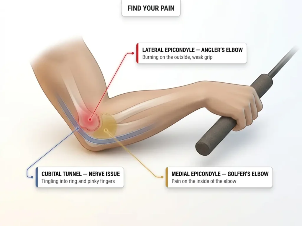 Infographic showing elbow anatomy with lateral, medial, and cubital tunnel zones labeled by symptom for self-diagnosis