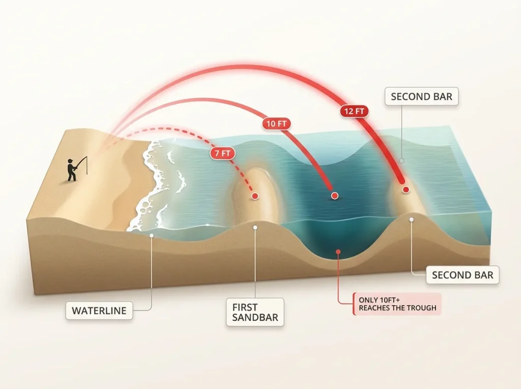 Diagram showing beach profile with sandbar and trough, plus casting-distance arcs comparing 7ft, 10ft, and 12ft surf rods