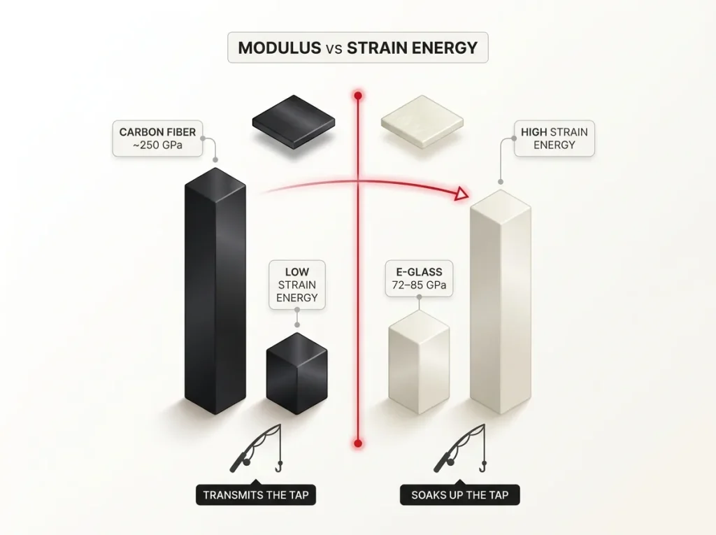 Infographic showing carbon fiber vs E-glass modulus and strain energy tradeoff with labeled axis values and bite-transmission captions