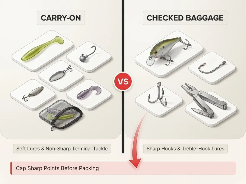 Infographic showing carry-on vs checked baggage sort for fishing lures and hooks with labeled tackle icons and a red divider arrow