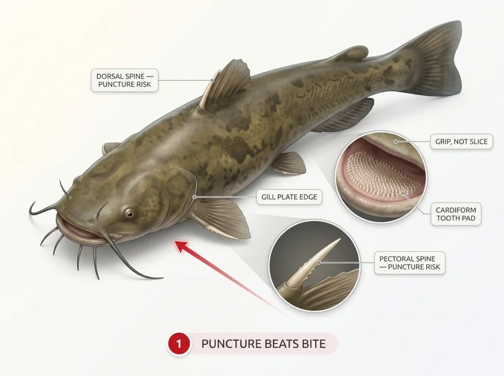 Infographic showing catfish anatomy with cardiform tooth pad and pectoral/dorsal spines labeled as the real puncture threat