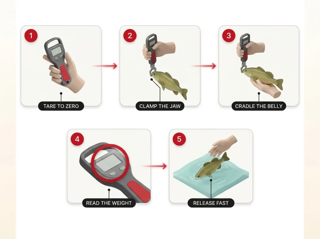 Infographic showing five-step fish weighing sequence: tare, clamp, cradle, read display, and release