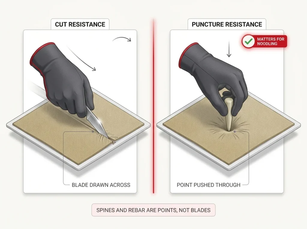 Infographic comparing cut resistance versus puncture resistance in gloves, showing which spec matters for noodling