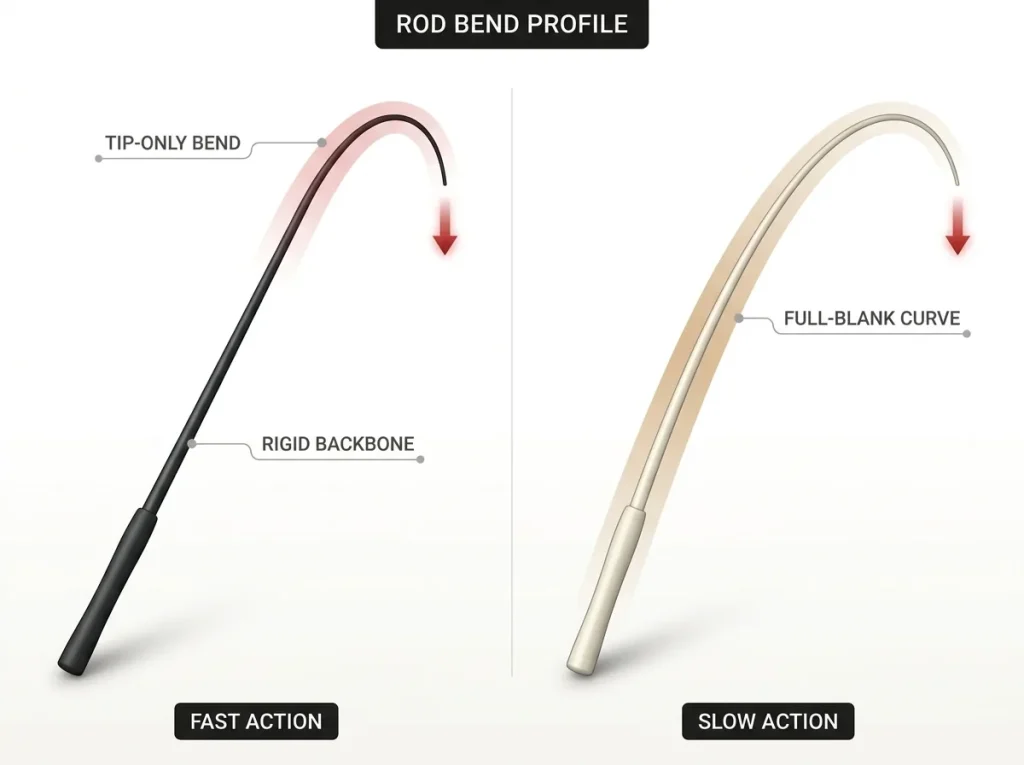 Diagram showing graphite fast tip-only rod bend vs fiberglass parabolic full-blank bend with labeled backbone and curve zones