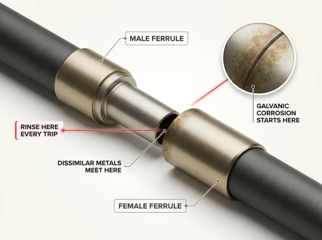 Annotated close-up diagram of a two-piece rod ferrule joint showing where dissimilar metals meet and galvanic corrosion begins