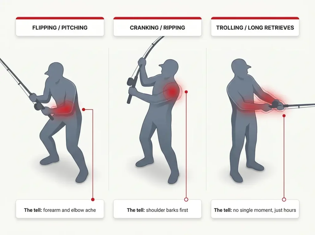 Infographic mapping flipping, cranking, and trolling fishing techniques to the body region each one loads and injures