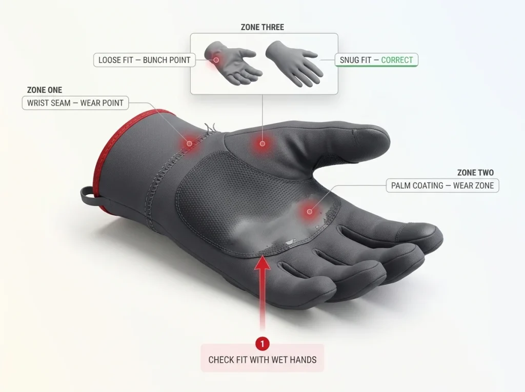 Infographic showing noodling glove failure points at the wrist seam, palm coating, and loose-fit bunch zone with a fit-check tip