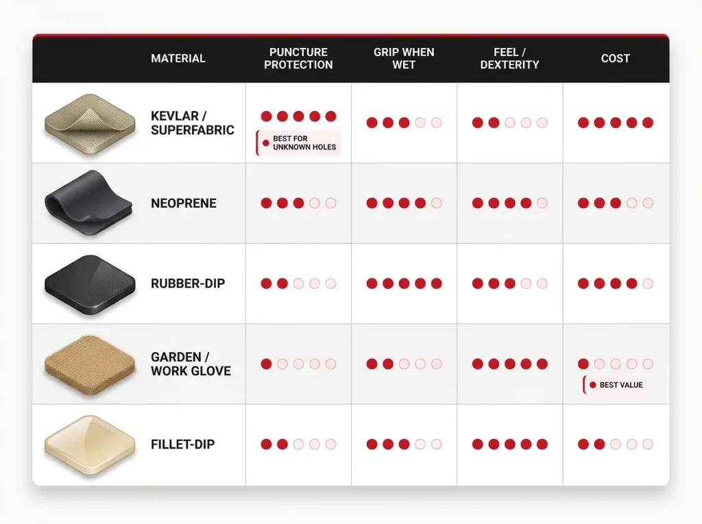 Infographic comparing noodling glove materials by puncture protection, wet grip, feel, and cost across five types