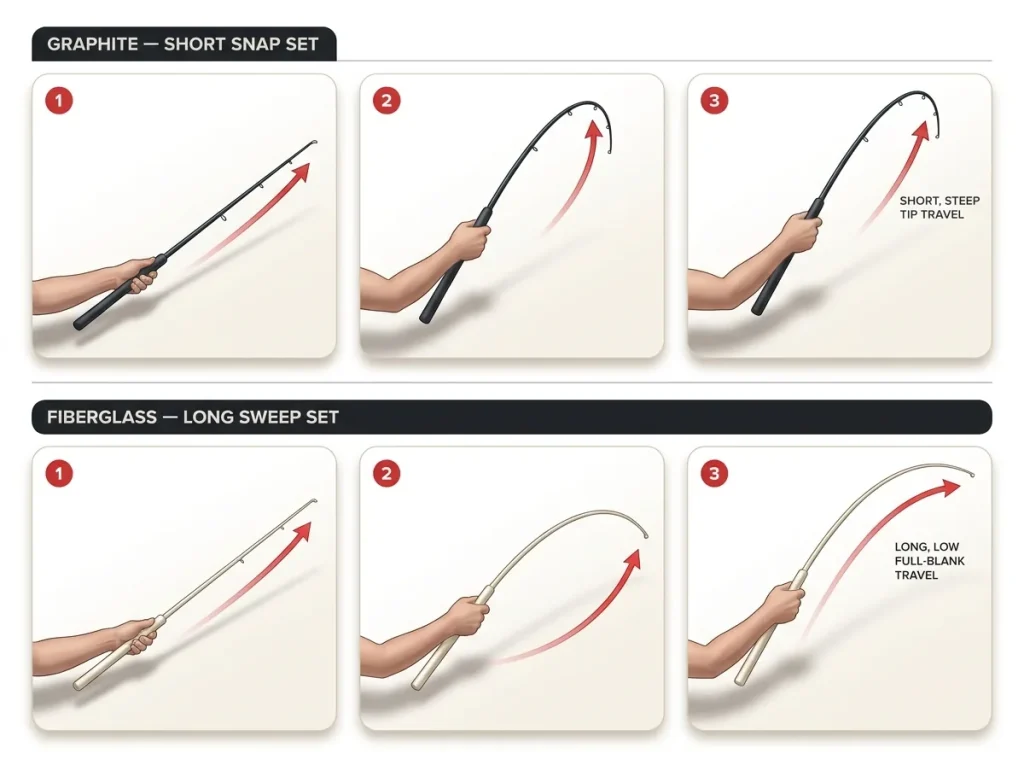 Infographic showing graphite snap hookset vs fiberglass sweep hookset step sequence with rod-tip travel path labels