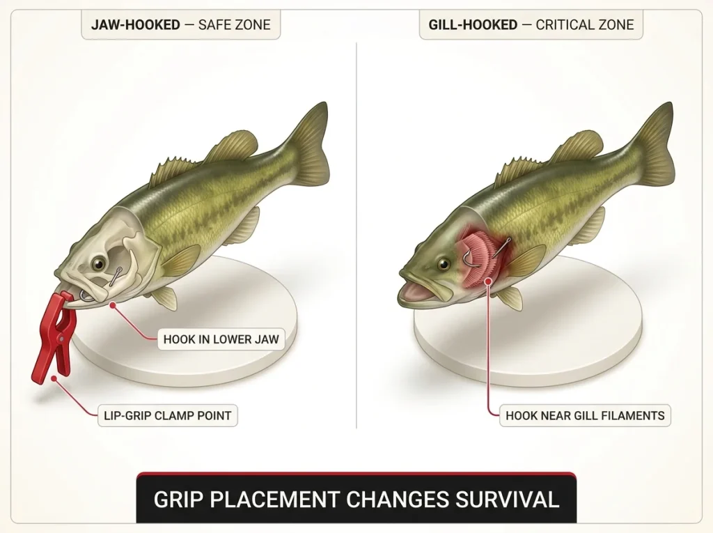 Infographic showing jaw-hooked vs gill-hooked fish anatomy with labeled injury zones and lip-grip clamp point