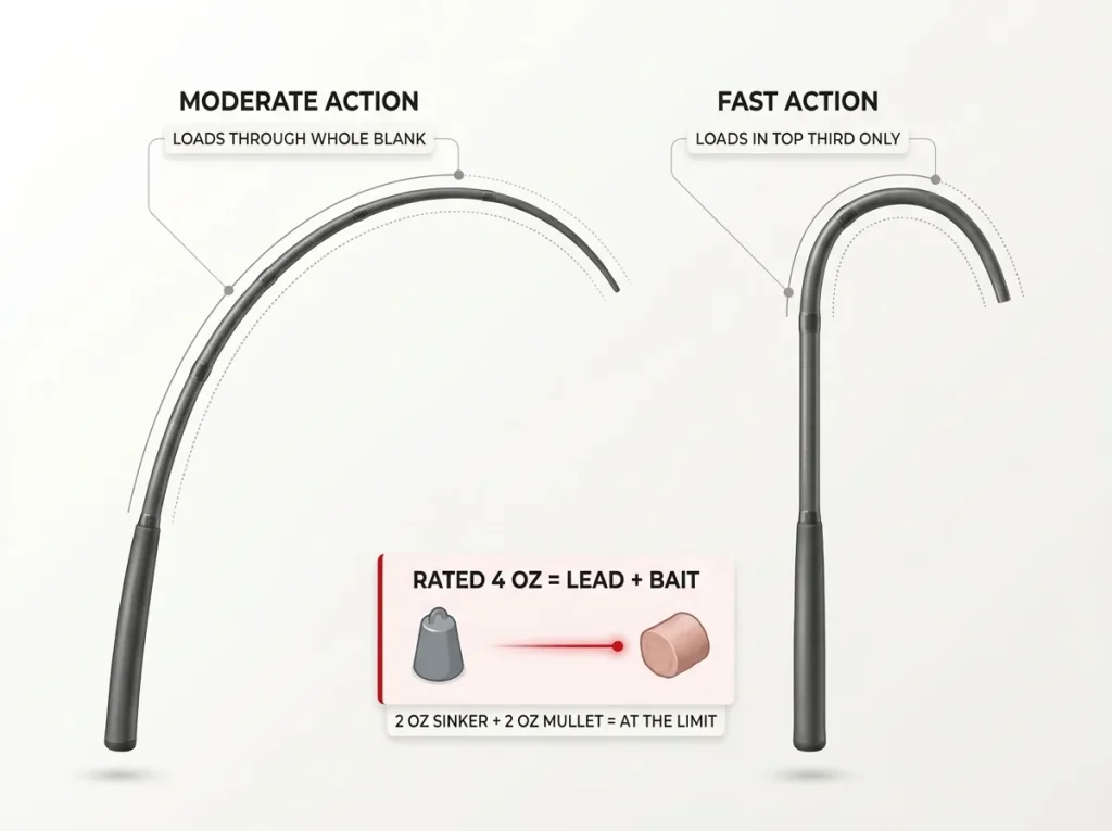 Diagram comparing moderate and fast rod action bend curves with a callout explaining the 4 oz rating includes lead plus bait weight