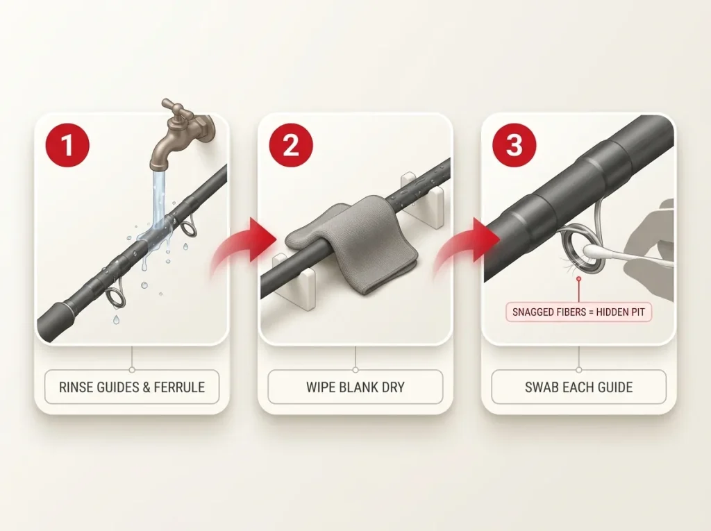 Step-by-step infographic showing rinsing rod guides, wiping the blank dry, and swabbing guides to check for pitting after a fishing trip