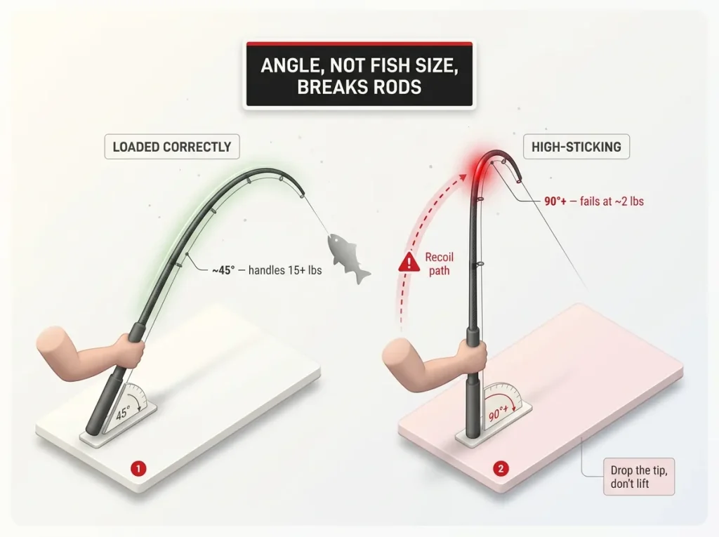 Two-panel diagram comparing a correctly loaded rod at 45 degrees versus a high-sticking near-vertical rod that fails at low load