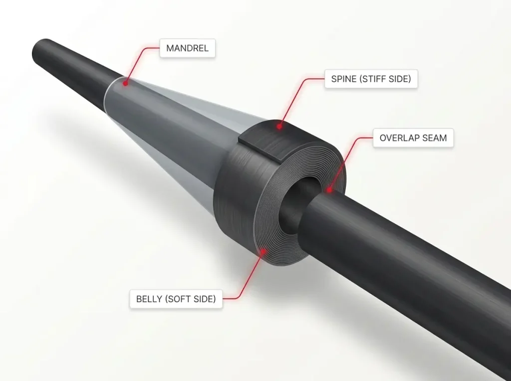 Diagram showing a fishing rod blank's spine and belly cross-section with the manufacturing overlap seam labeled
