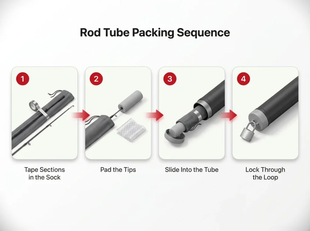  Infographic showing four numbered steps for packing a fishing rod tube with taping, padding, sliding, and locking illustrated