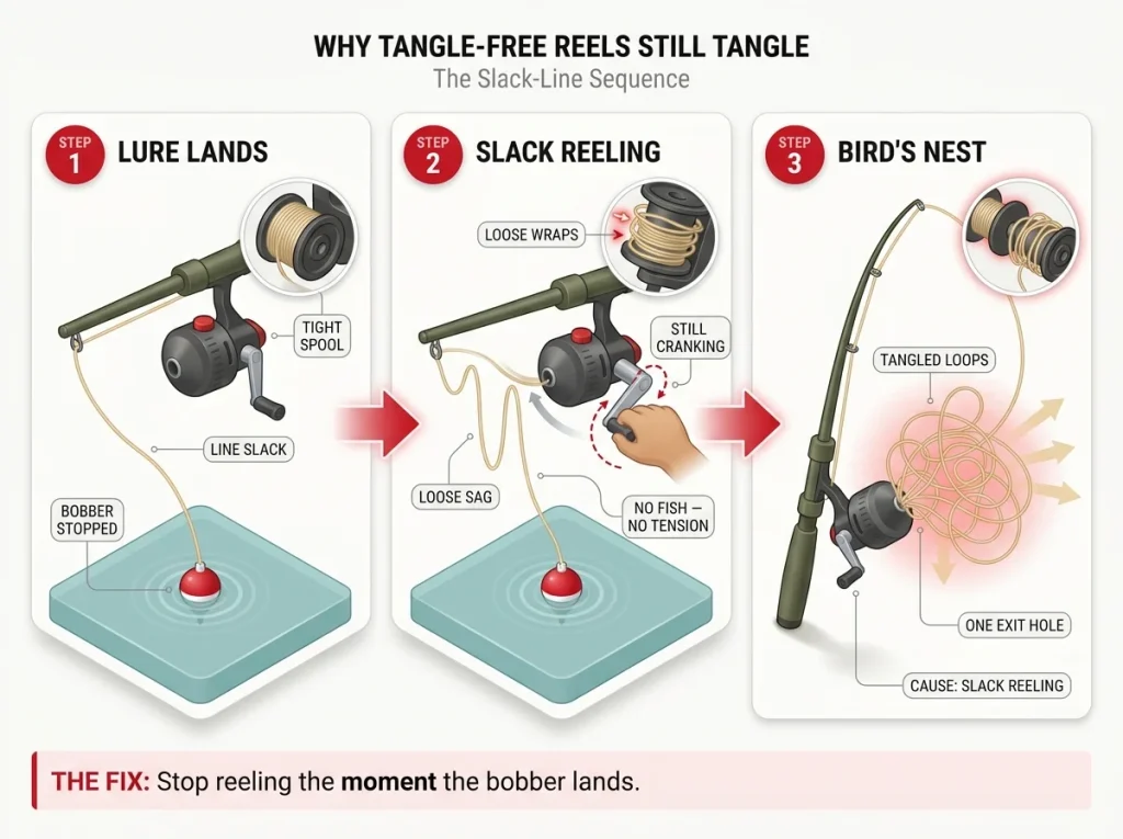 Step-sequence infographic showing 3 stages of how a spincast reel tangles: lure lands, slack reeling, and bird's nest at next cast