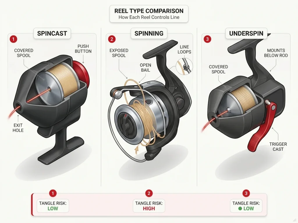 Cutaway infographic comparing spincast, spinning, and underspin reels showing spool position, line path, and exit point for each type