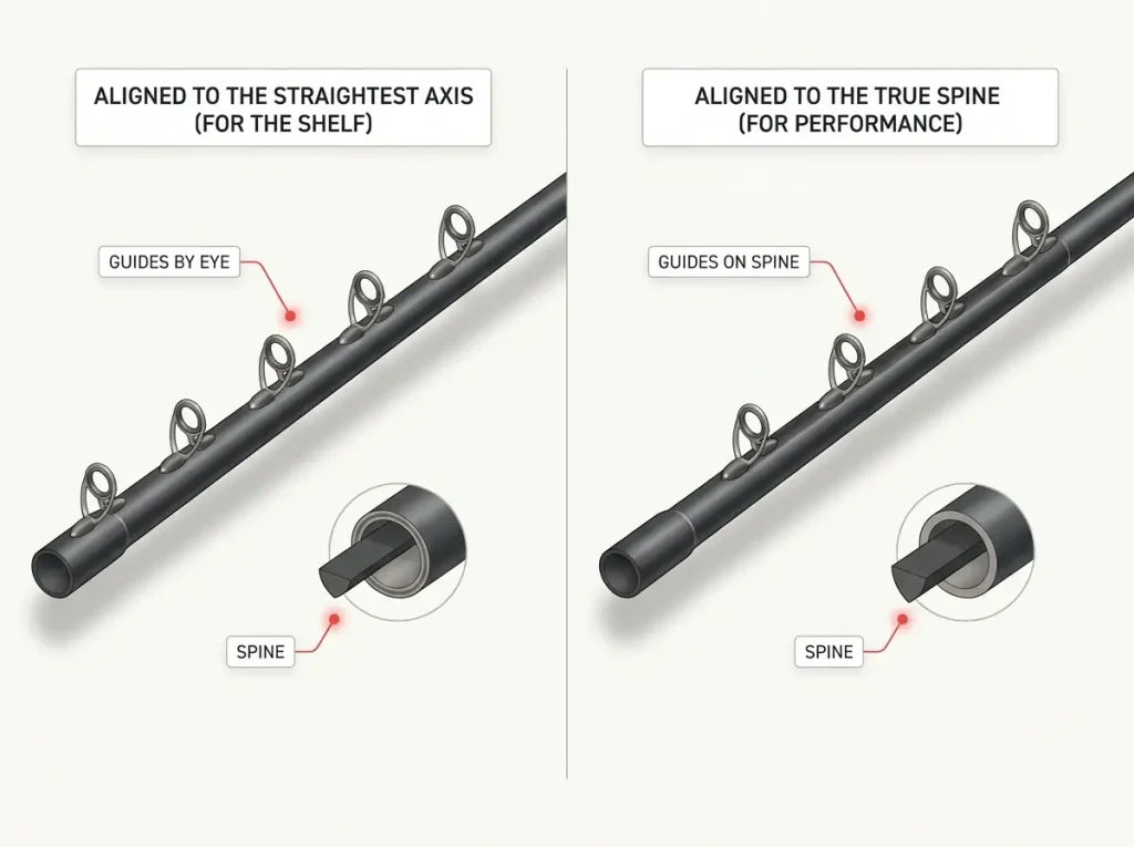 Two-panel diagram comparing a rod blank aligned to the straightest axis versus one aligned to its true mechanical spine