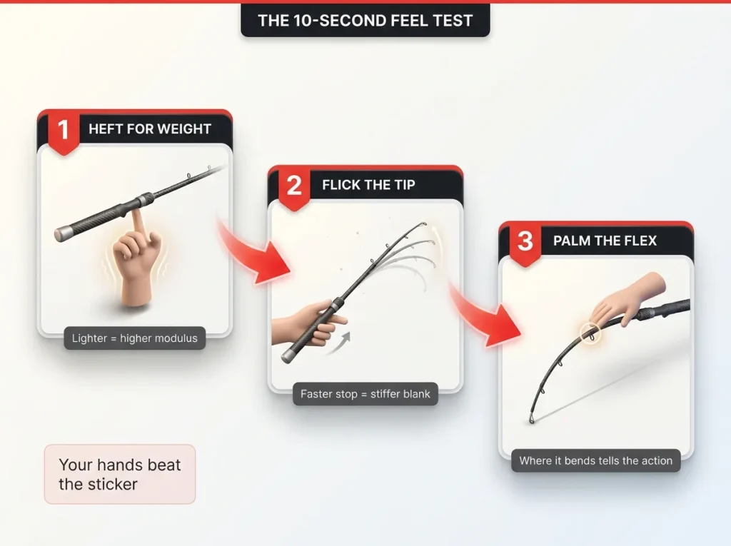 Three-step feel-test card sequence showing how to judge rod modulus by weight, tip recovery, and flex point without a spec sheet
