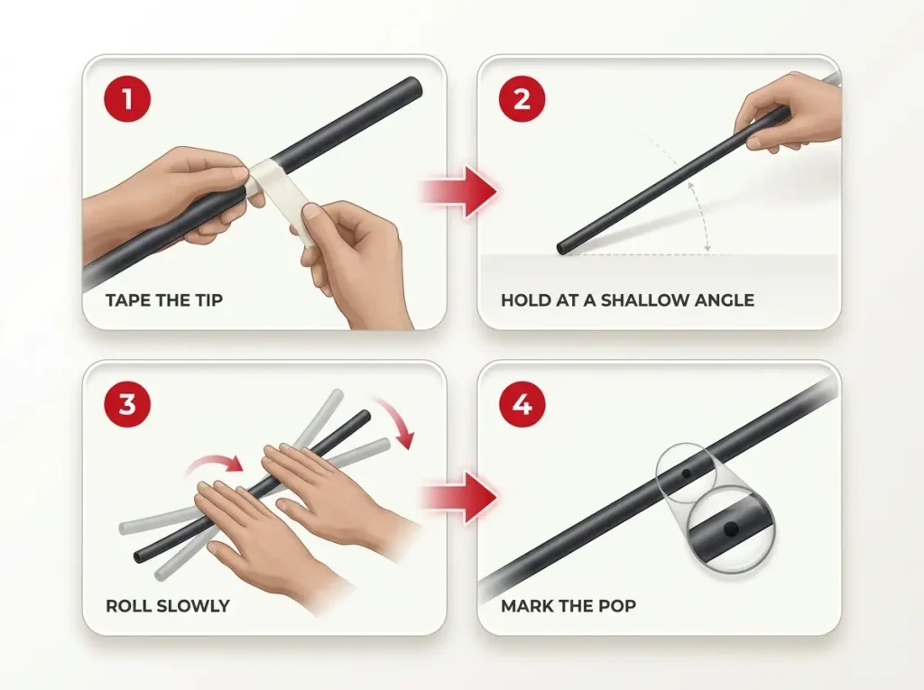Four-step infographic showing how to find a fishing rod's spine using the tape-and-roll hand method