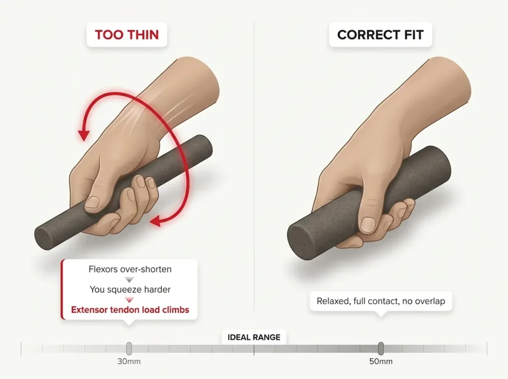 Infographic comparing a too-thin fishing rod grip to a correctly sized grip with overgrip mechanism labeled and 30-50mm scale