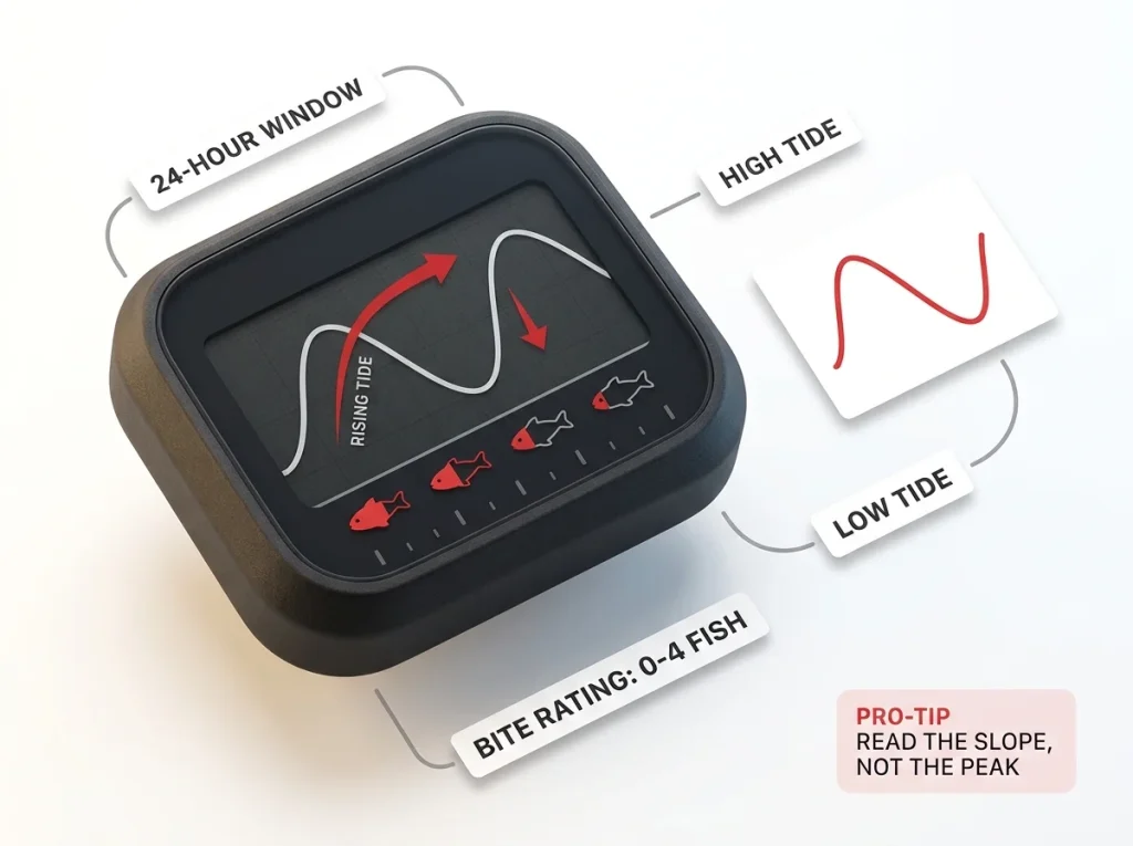 Infographic showing how to read a tide watch graph with 24-hour window, high/low marks, tide slope, and fish icon bite ratings
