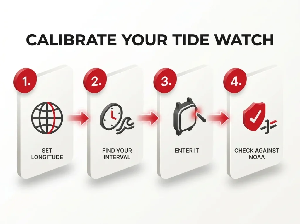 Infographic showing four numbered steps to calibrate a Casio tide watch: set longitude, find interval, enter it, verify against NOAA