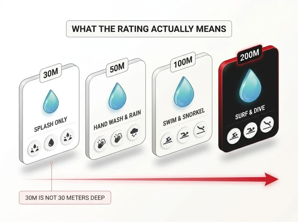 Infographic comparing 30m 50m 100m and 200m watch water resistance ratings with plain-English splash swim snorkel and surf activity guide