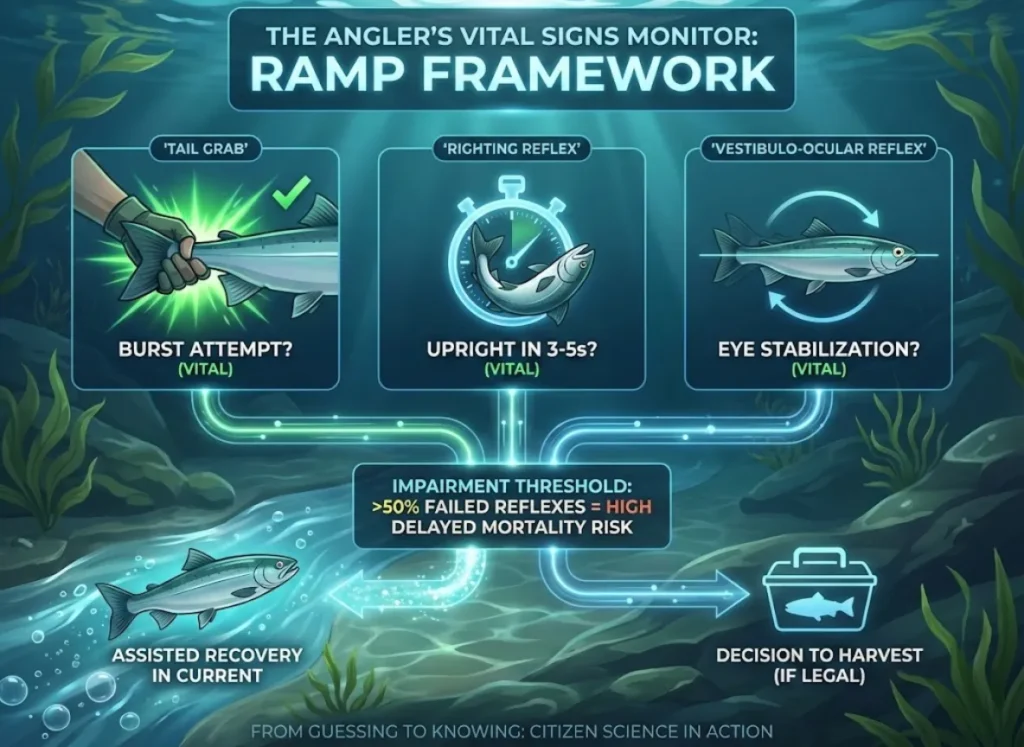 A sophisticated infographic illustrating the RAMP (Reflex Action Mortality Predictors) framework for anglers. Three central panels show illustrated fish reflexes: "Tail Grab" with a burst attempt, "Righting Reflex" with a 3-5s timer, and "Vestibulo-Ocular Reflex" with stabilized eyes. A central node indicates "Impairment Threshold >50% = High Risk," leading to two outcomes: "Assisted Recovery in Current" and "Decision to Harvest (If Legal)." The title reads "The Angler's Vital Signs Monitor."