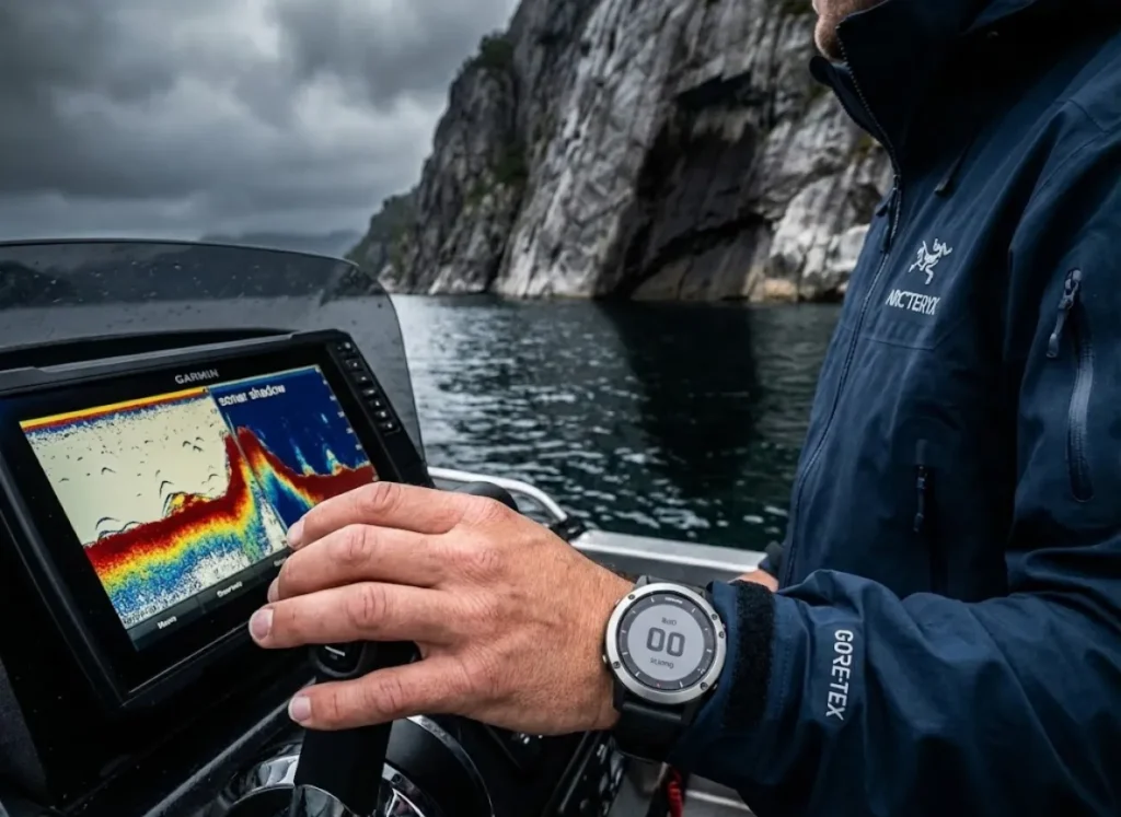 Angler positioning a boat near a steep rock cliff, looking at a sonar screen that depicts a steep underwater drop-off.