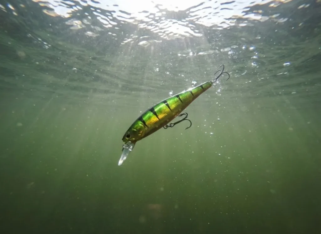 Underwater view of a jerkbait suspended in a nose-down position, demonstrating center of gravity tuning.
