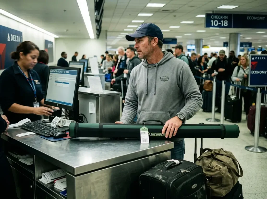 Traveler at an airline check-in counter with a rod tube being weighed as sporting equipment