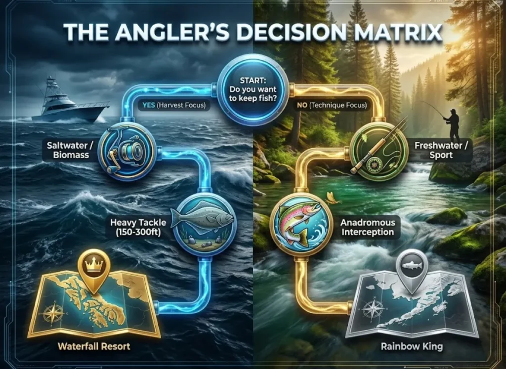 A stylized "Angler's Decision Tree" infographic set against a split background of deep ocean and rushing river. The chart guides viewers from "Do you want to keep fish?" to either "Saltwater (Harvest)" featuring Waterfall Resort or "Freshwater (Sport)" featuring Rainbow King.