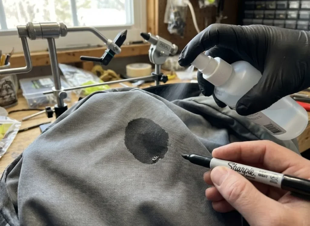 Hand spraying alcohol on the interior lining of Orvis Pro Waders to reveal a dark wet spot indicating a pinhole leak.