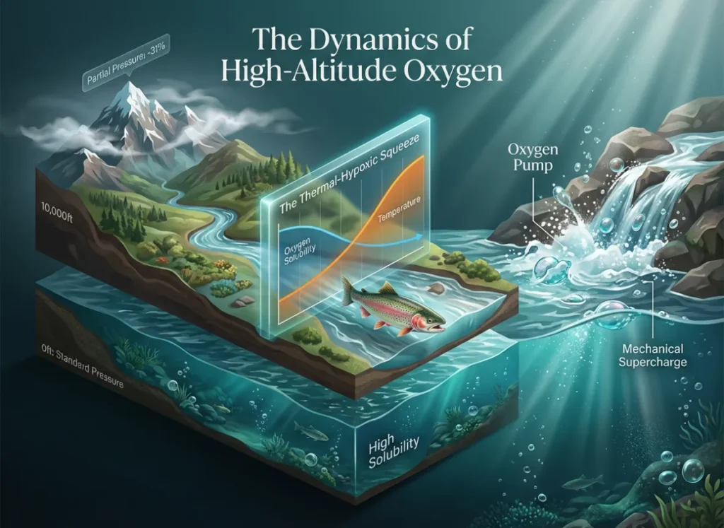 An advanced semantic infographic illustrating Henry’s Law and the "thermal-hypoxic squeeze" on trout, comparing dissolved oxygen availability at sea level versus 10,000 feet with 3D data visualization.