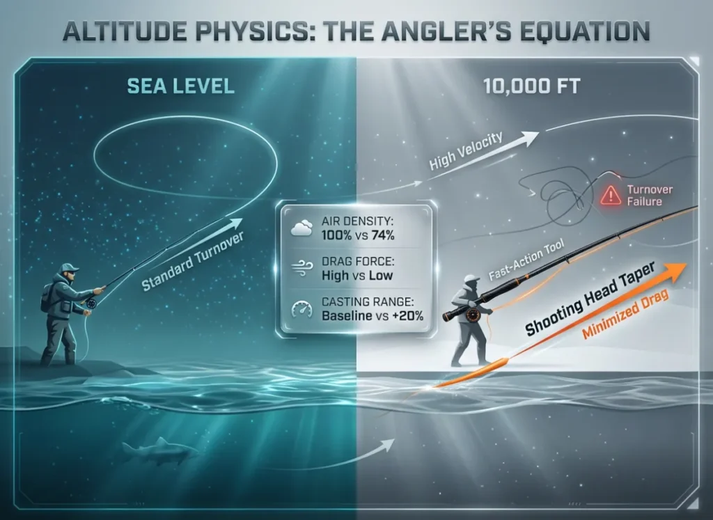A sophisticated, split-screen semantic infographic titled "Altitude Physics: The Angler's Equation." The left side illustrates high air density at sea level with a perfectly turned-over fly line loop. The right side shows low air density at 10,000ft, featuring a "Fast-Action Rod" generating high line velocity to overcome "Turnover Failure." A central 3D data table compares air density, drag reduction, and casting range.
