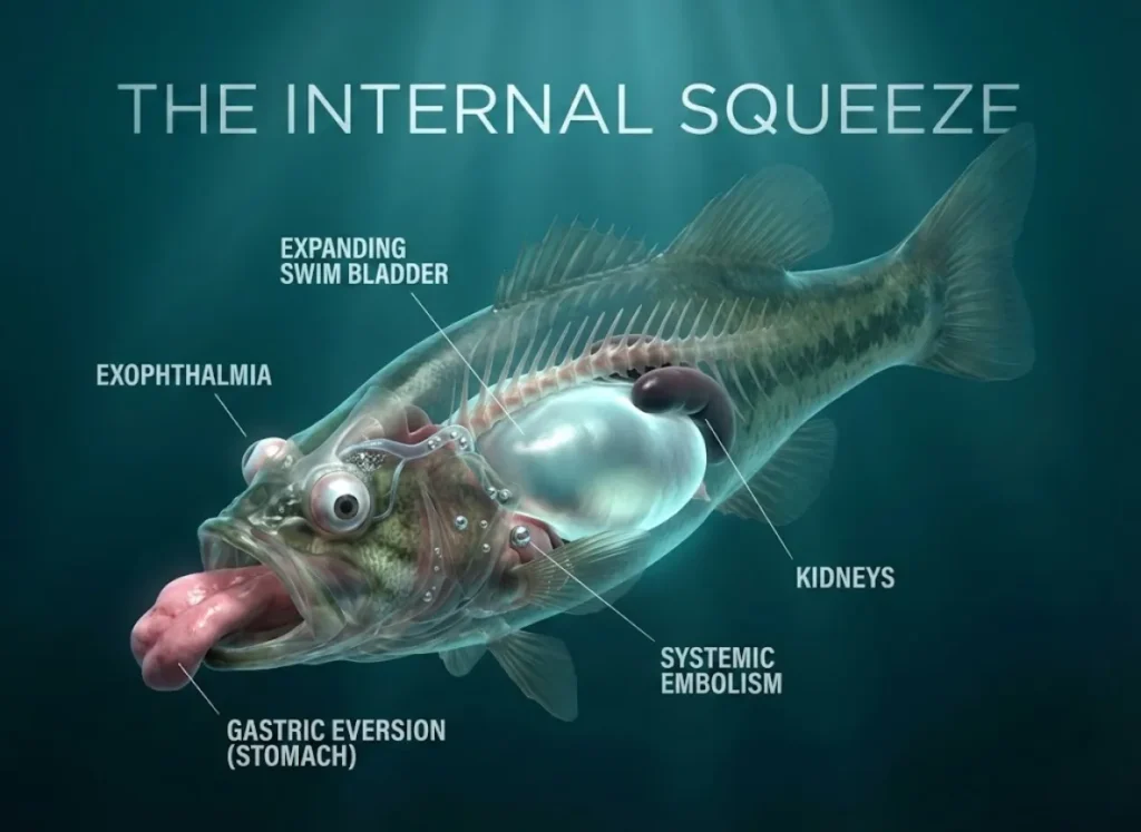 A high-definition, semi-translucent anatomical cutaway of a Bass fish experiencing barotrauma. The image illustrates an expanded swim bladder crushing internal organs, the stomach protruding from the mouth, and bulging eyes, with elegant text labels.