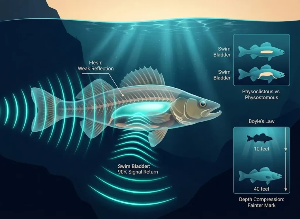 A premium 3D infographic titled "Anatomy of an Echo," illustrating how sonar waves reflect off a fish's gas-filled swim bladder compared to its flesh, with a cross-section analysis of bladder compression at varying depths.