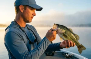 The Angler’s Guide to Fish Otoliths, Hearing & Aging Professional angler on a boat deck holding a trophy bass in golden hour lighting, studying the fish with intense focus, wearing Simms technical gear.