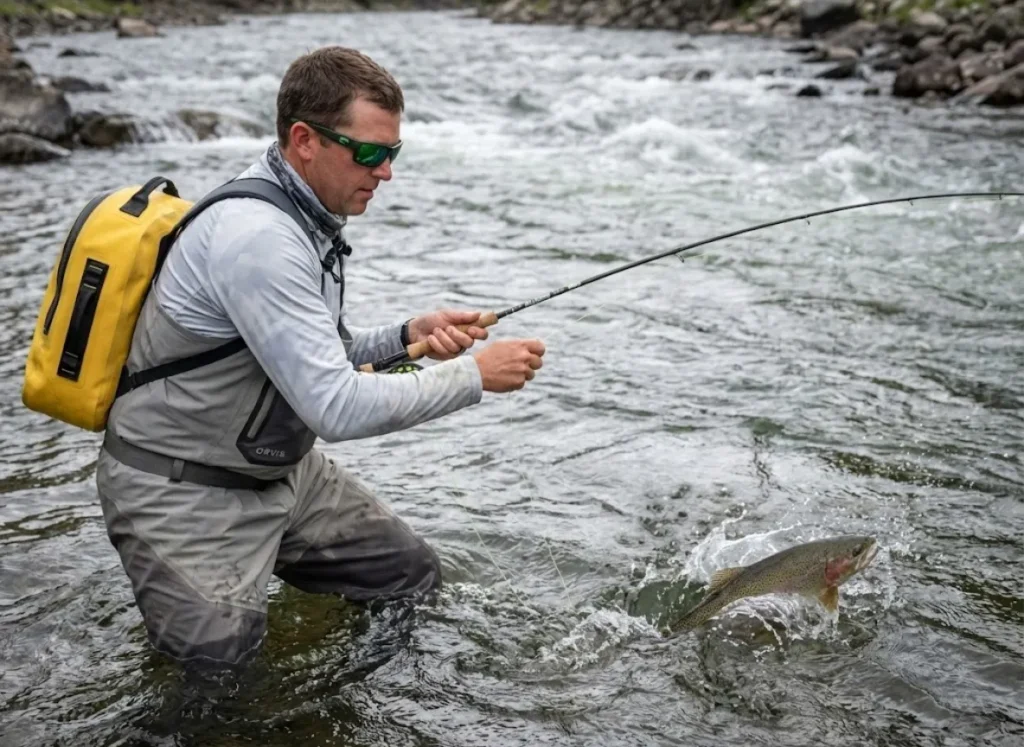 Angler using side pressure with G. Loomis NRX+ rod to maintain tension on a barbless hook.