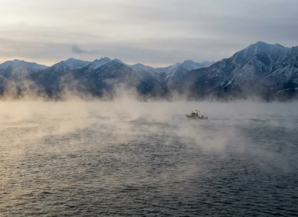 Steam fog rising from a dark lake surface at dawn, illustrating the thermal exchange causing lake turnover.
