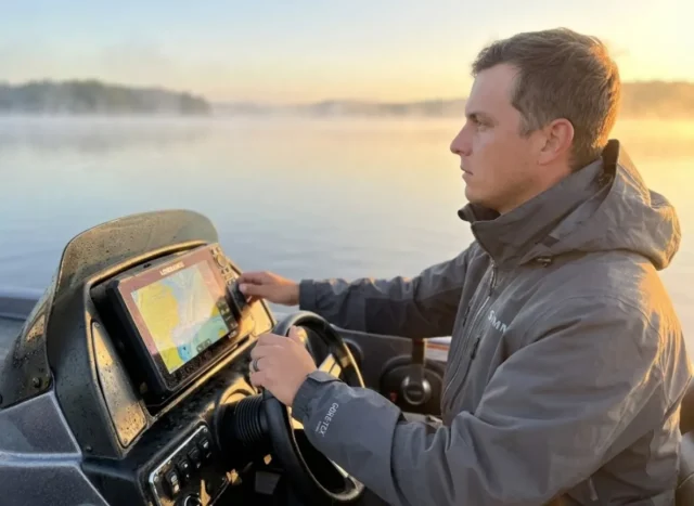 avoid-dead-zones-sonar-geometry Professional angler in a bass boat cockpit at dawn, looking focused, with a high-tech Lowrance fish finder screen glowing in the foreground.