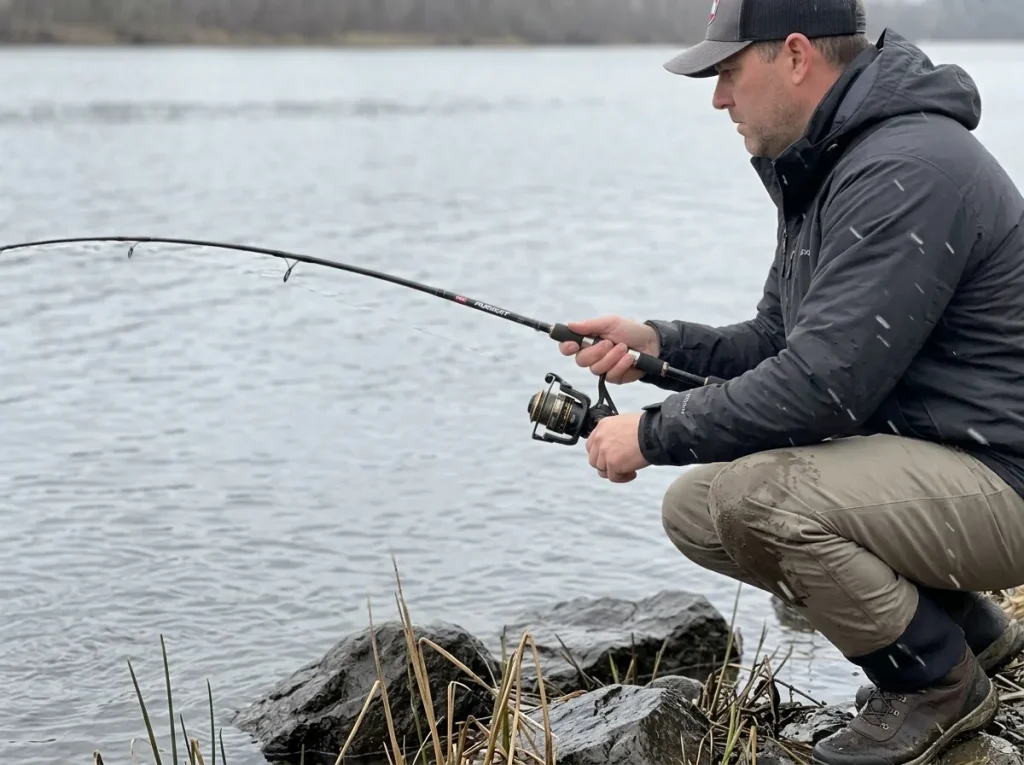 Angler landing a fish with the rod tip kept low to avoid high-sticking a modulus blank