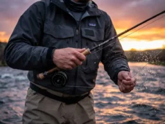Barbless Hooks Physics: Penetration Force & Data Guide Angler setting the hook with a Sage R8 Core rod and Patagonia wading jacket in a river.