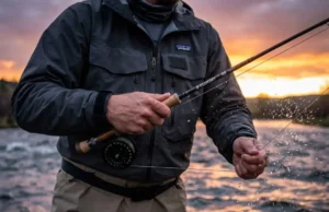 Barbless Hooks Physics: Penetration Force & Data Guide Angler setting the hook with a Sage R8 Core rod and Patagonia wading jacket in a river.