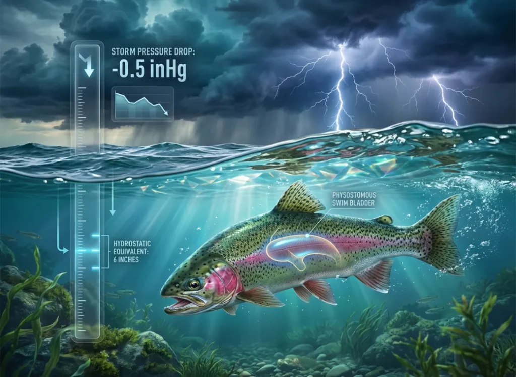 A professional scientific infographic using a split-view of a lake during a storm. It compares a significant barometric pressure drop in the atmosphere to a mere 6-inch depth change underwater, showing a Rainbow Trout hunting comfortably near the surface.