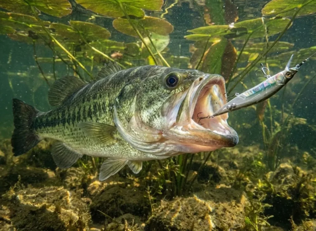 Underwater view of a largemouth bass inhaling a Megabass jerkbait.